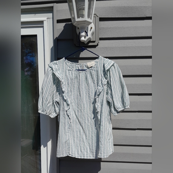 Universal Thread Women's Striped Ruffle Blouse - M Green and White 100% Cotton - Picture 5 of 6